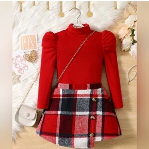 Girls Mock Neck Puff Sleeve Tee & Plaid Asymmetrical Hem Skirt